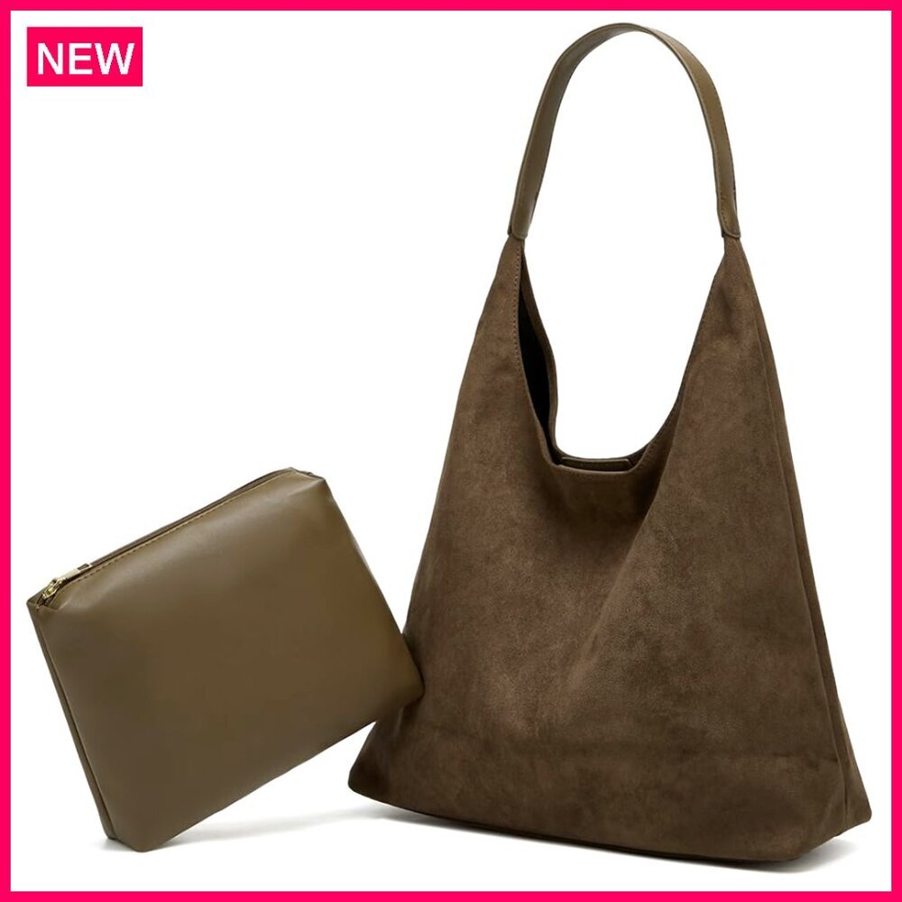 Large Suede Tote Bag with Top Handle, Shoulder Strap, Magnetic Closure